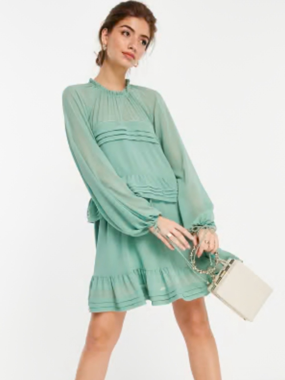 Forever New tiered lantern sleeve mini dress sage green size 14
